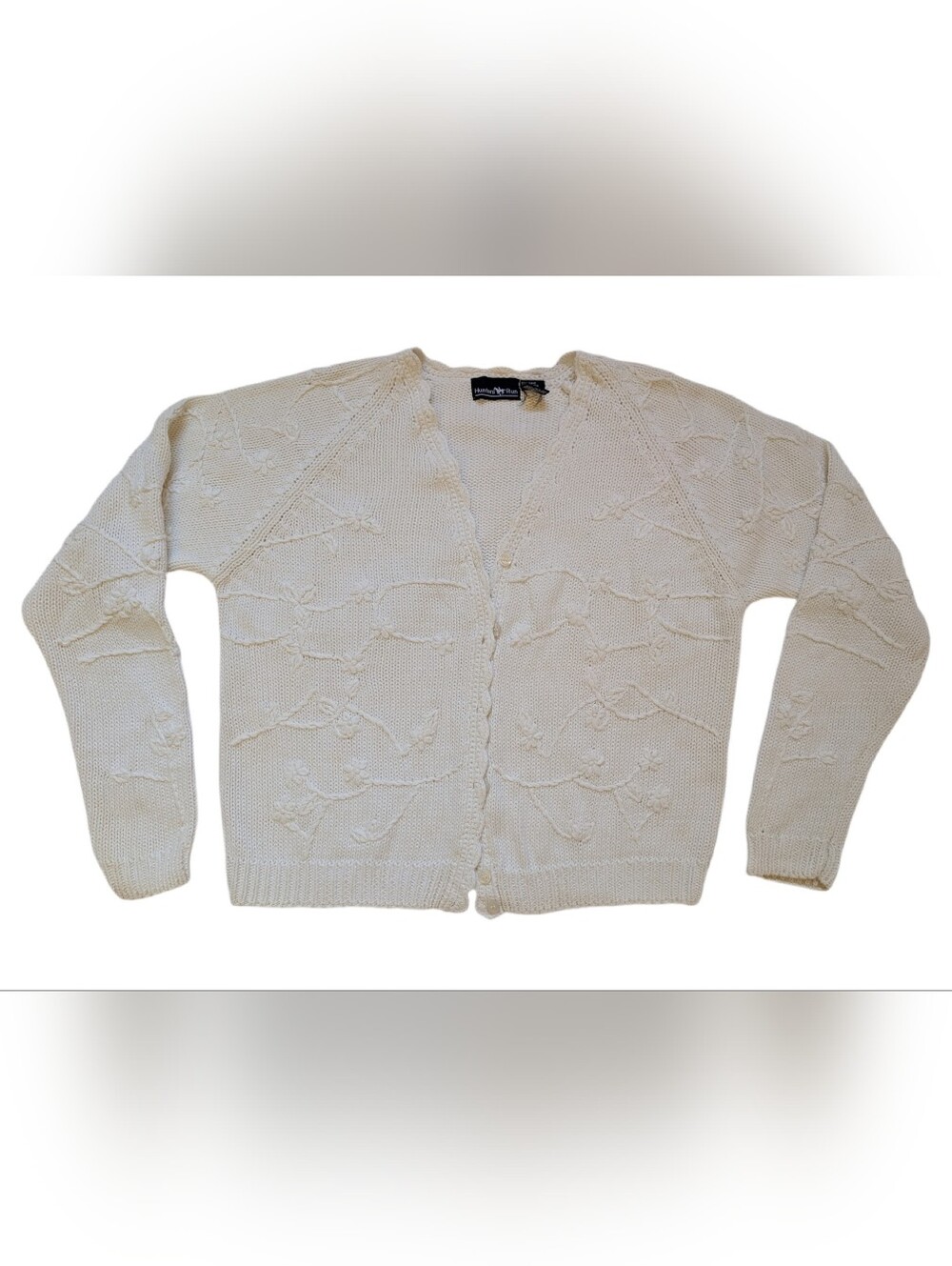Vintage White Cotton Ramie Cardigan, All-over White Floral Embroidery, 40 In